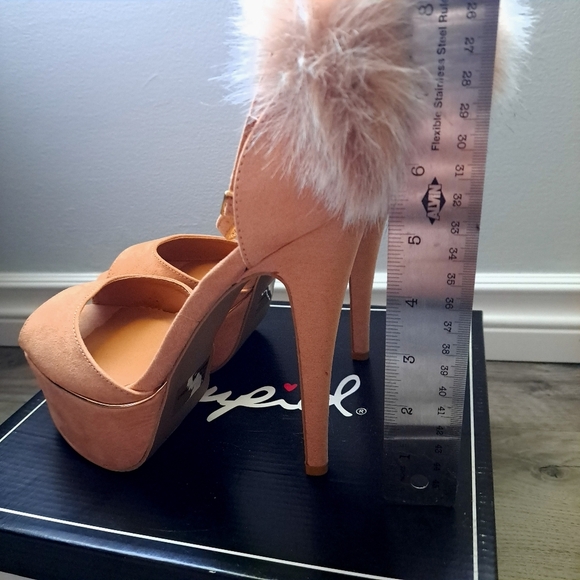 Qupid | Blush suede pu~ tan/Pinkish open toed heels with ankle strap and Pom Pom - Picture 6 of 10